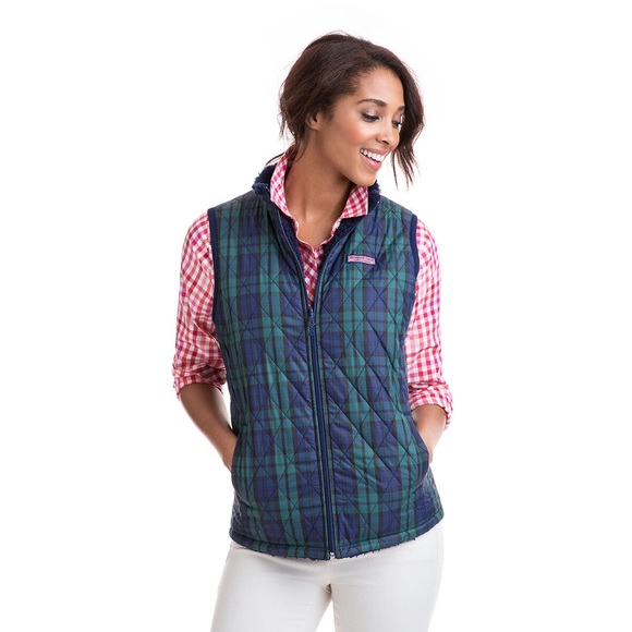 EUC Women’s X-Small Vineyard Vines Blackwatch Reversible Quilted Sherpa Vest - Picture 1 of 16
